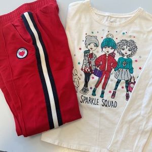 Sparkling Squad long sleeves shirt with athletic pants. Girls Size 8.